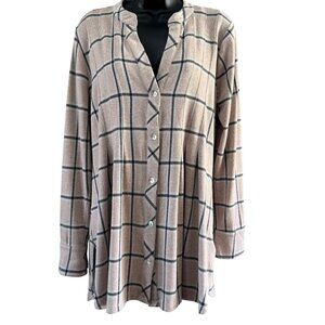 Soft Surroundings Top M Pink Gray Plaid Button-Front Long-Sleeve Tunic